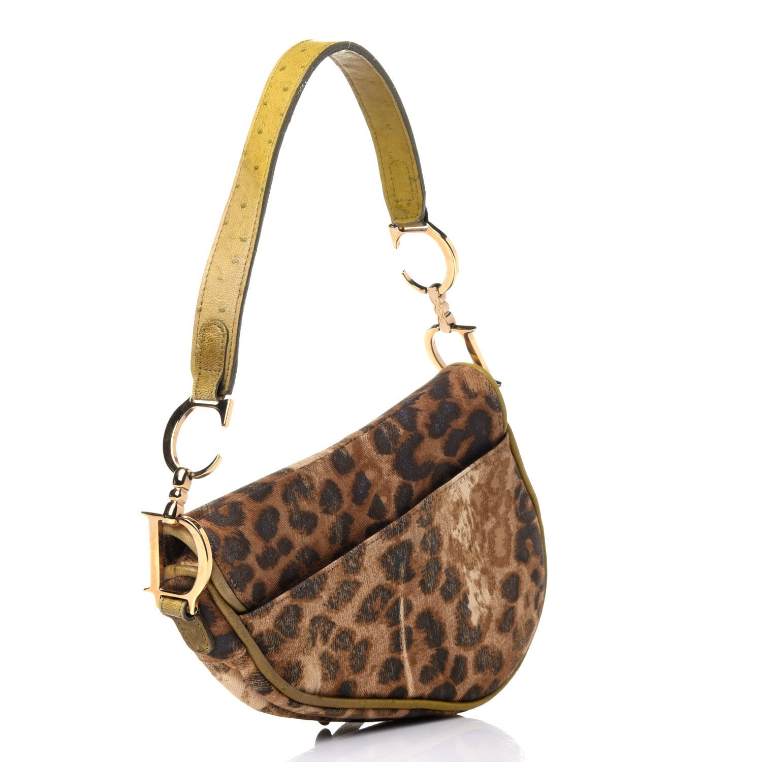 Christian Dior Canvas Leopard Print Ostrich Saddle Bag Brown Green 2 of 14