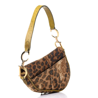 Christian Dior Canvas Leopard Print Ostrich Saddle Bag Brown Green 2 of 14