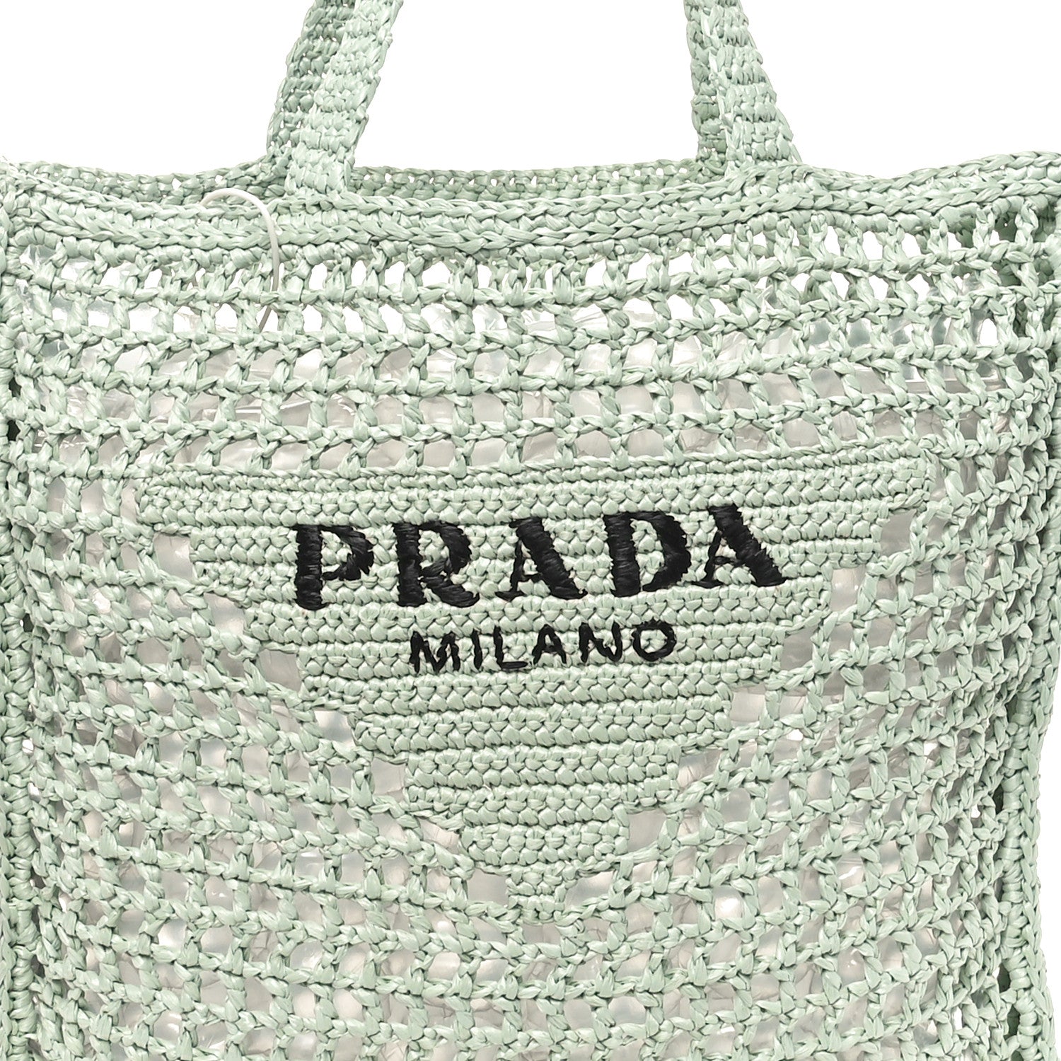 Prada Yarn Raffia Effect Crochet Logo Embroidered Tote Bag Acqua 8 of 10