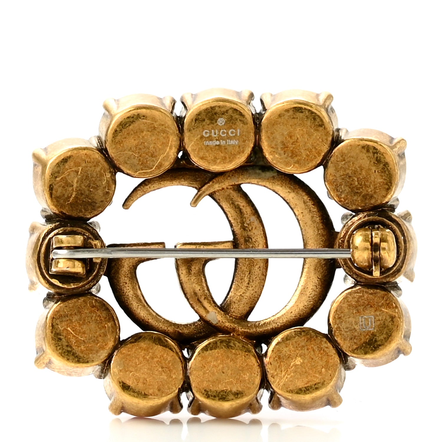 Gucci Metal Crystal Double G Brooch Aged Gold Red 3 of 5