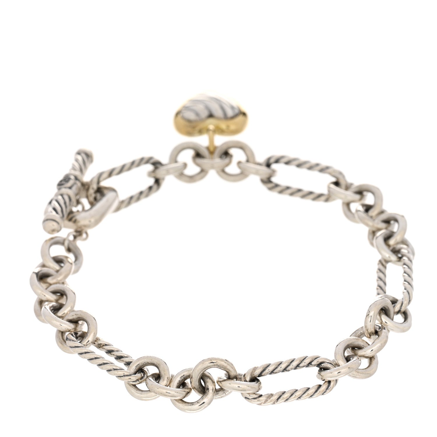 David Yurman Sterling Silver 18k Yellow Gold Cable Heart Charm Bracelet 2 of 3