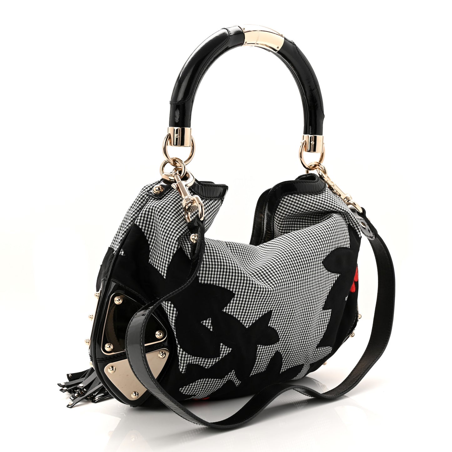 Cotton Patent Calfskin Large Indy Top Handle Hobo Black White Red