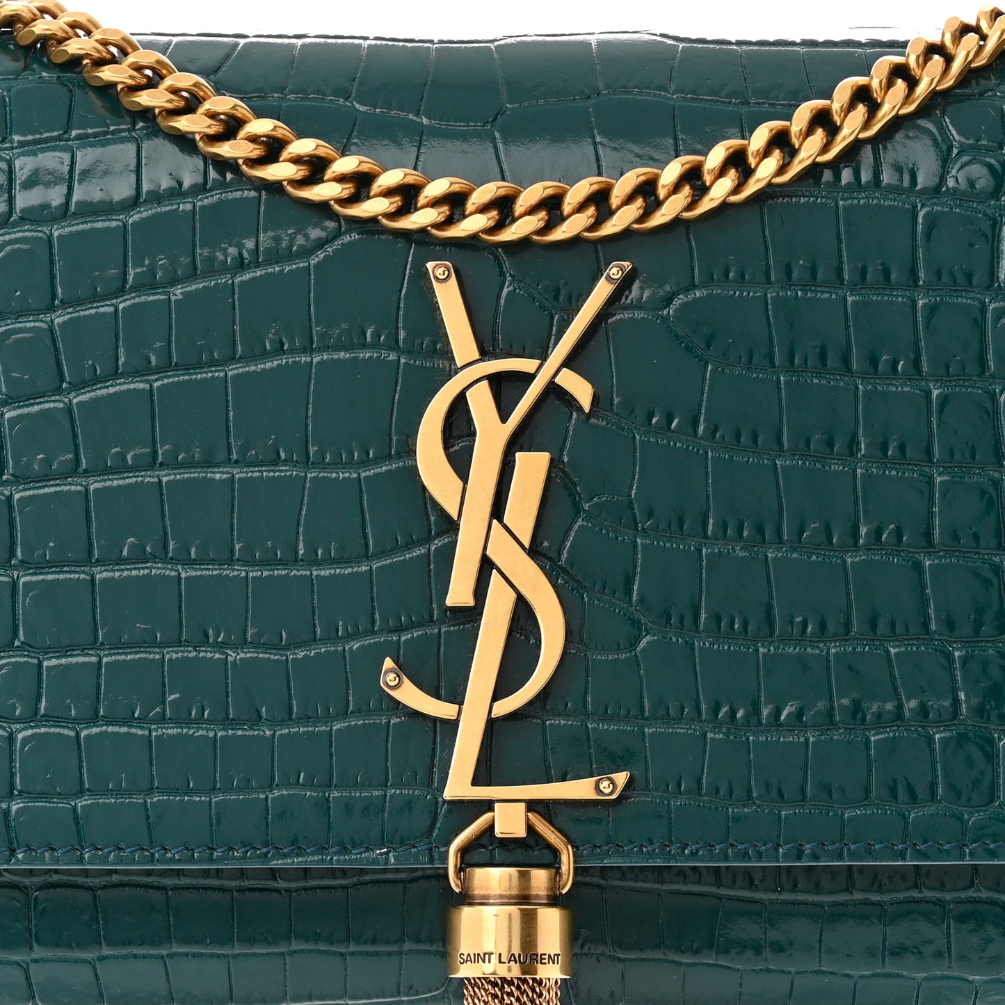 Calfskin Crocodile Embossed Small Classic Monogram Kate Tassel Satchel Dark Green