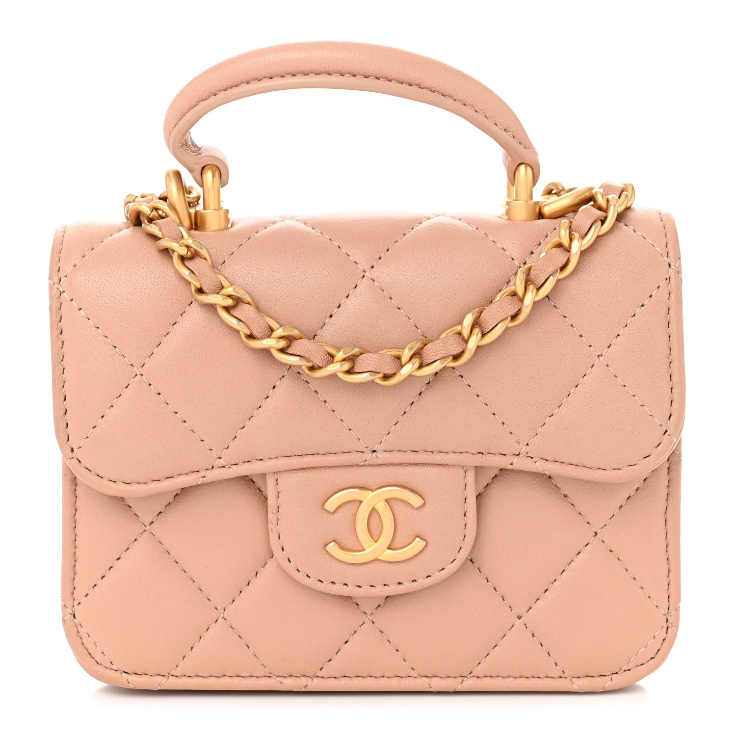 Chanel Lambskin Quilted Top Handle Flap Coin Purse With Chain Beige 1 of 13