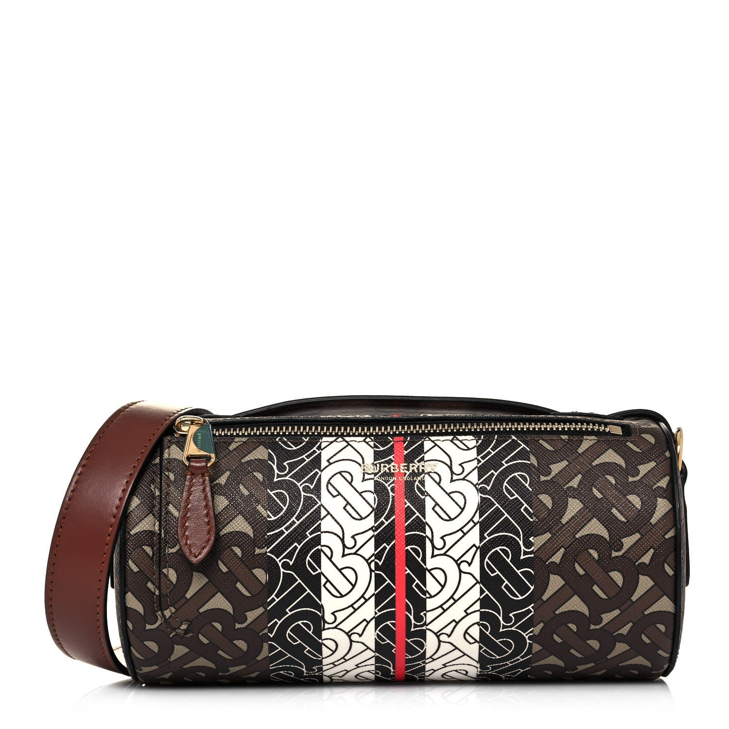 Burberry E-Canvas Monogram Stripe The Barrel Bag Bridle Brown 1 of 11