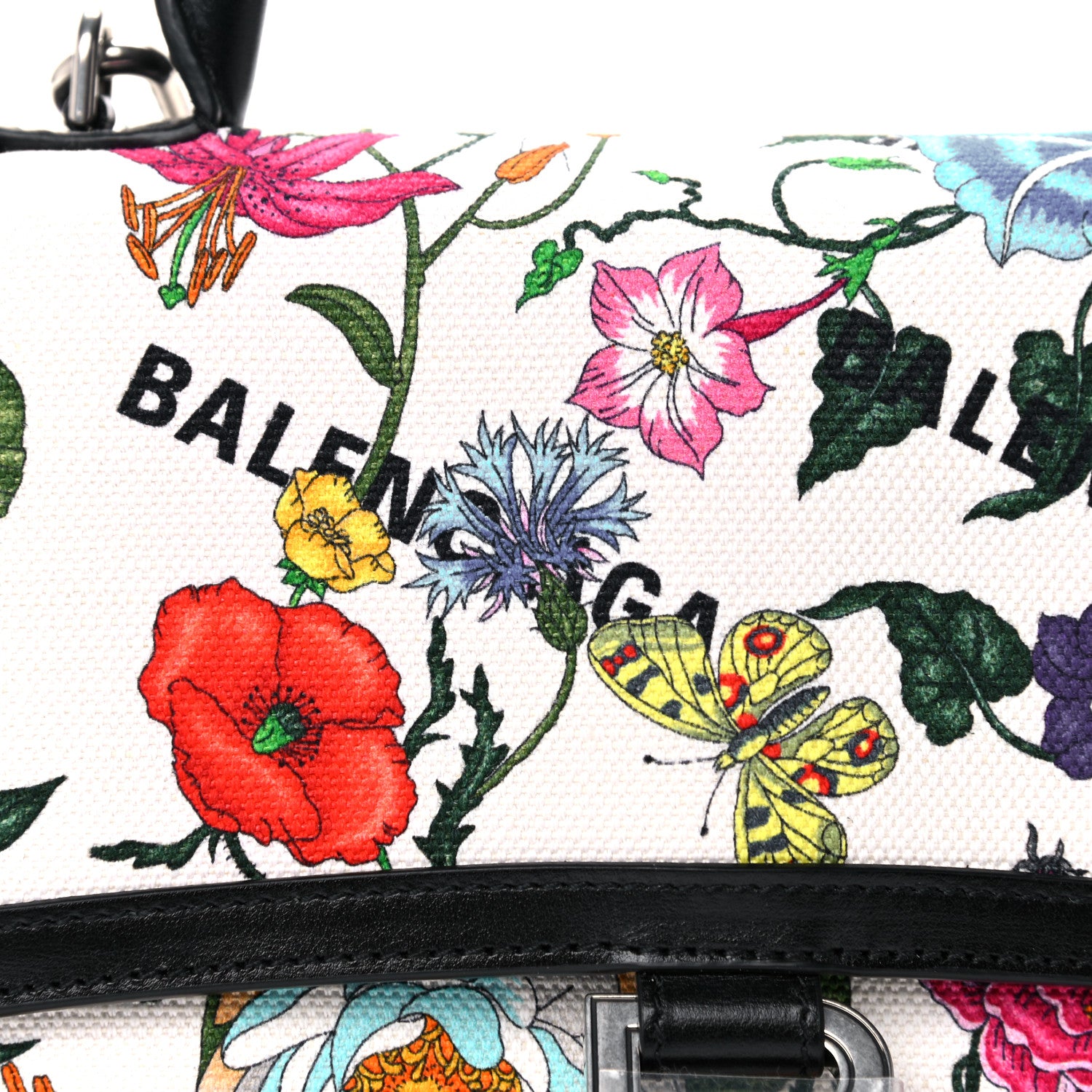 Balenciaga X GUCCI Canvas Boarded Plutone Calfskin Flora Logo Print Small Hourglass Top Handle Bag White Multicolor Black 4 of 11