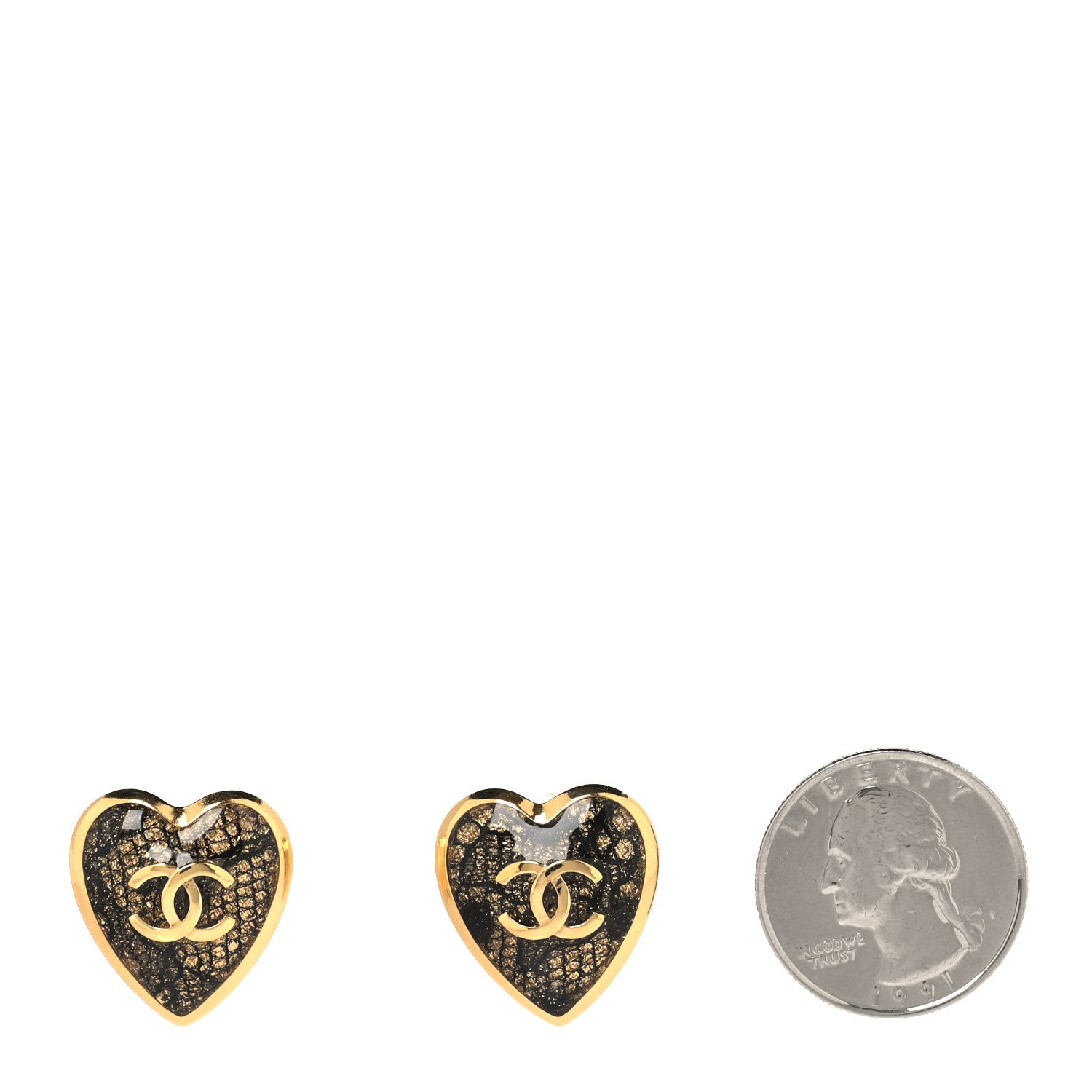 Chanel Metal Lace Resin Glass CC Heart Earrings Gold Black 3 of 10