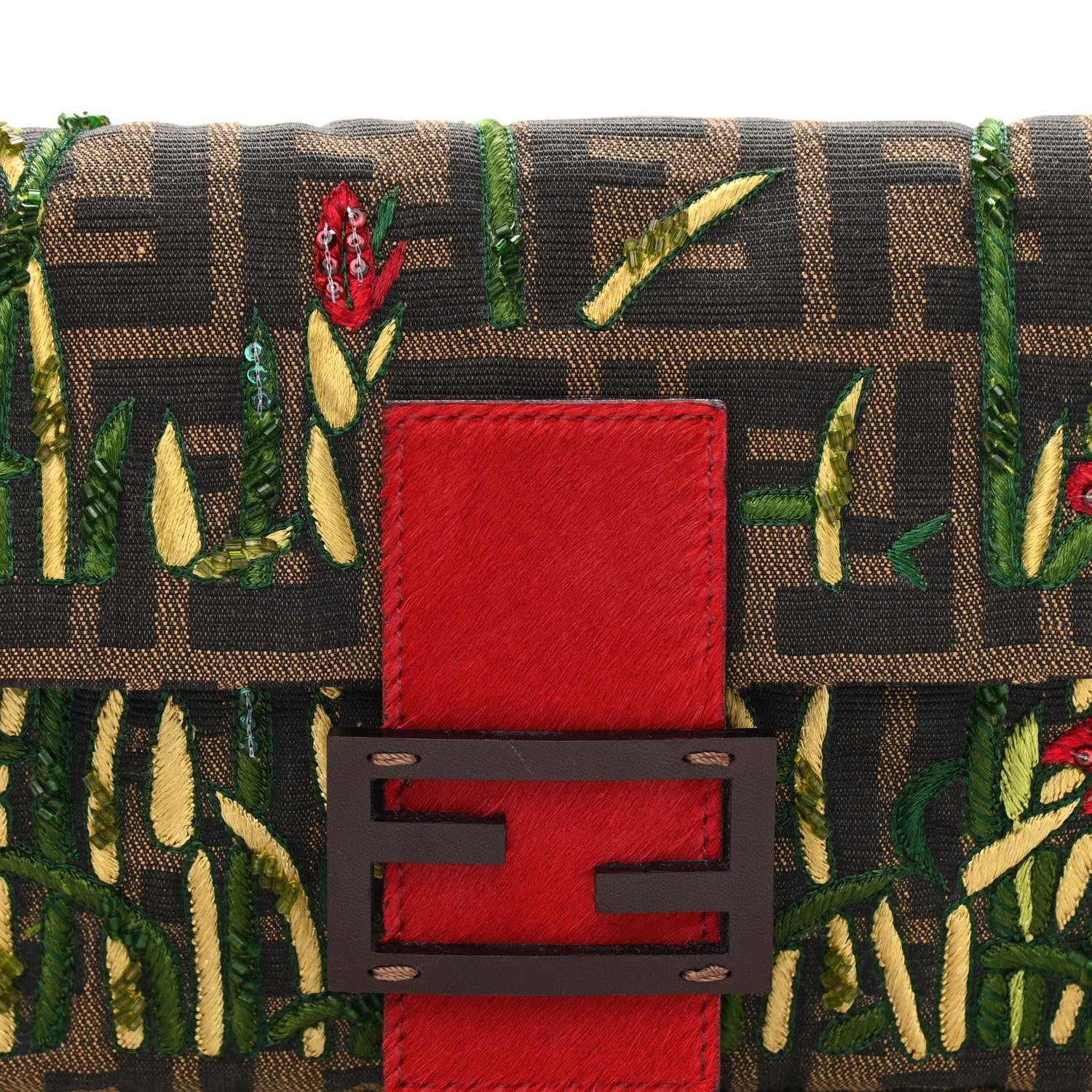 Fendi Zucca Pony Hair Embroidered Baguette Tobacco 8 of 10