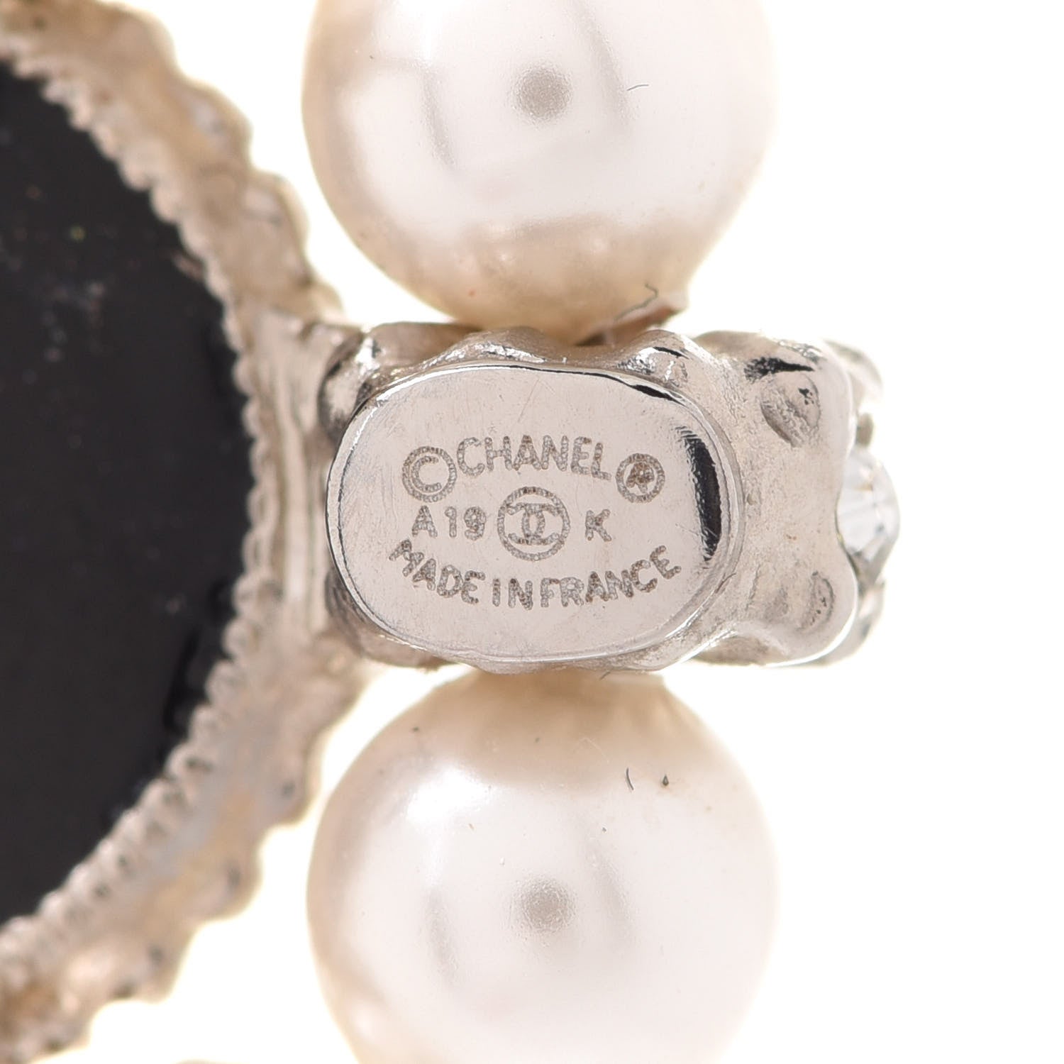 Chanel Crystal Pearl Bead CC Round Earrings Silver Black 4 of 5
