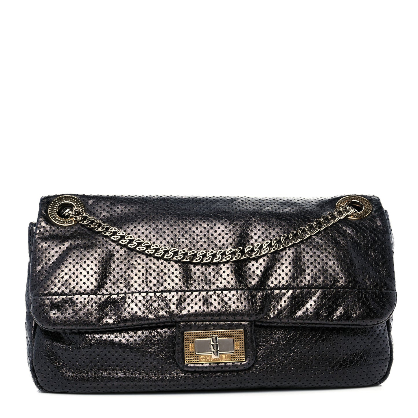 Metallic Crackled Calfskin Large Perforated Drill Flap Black