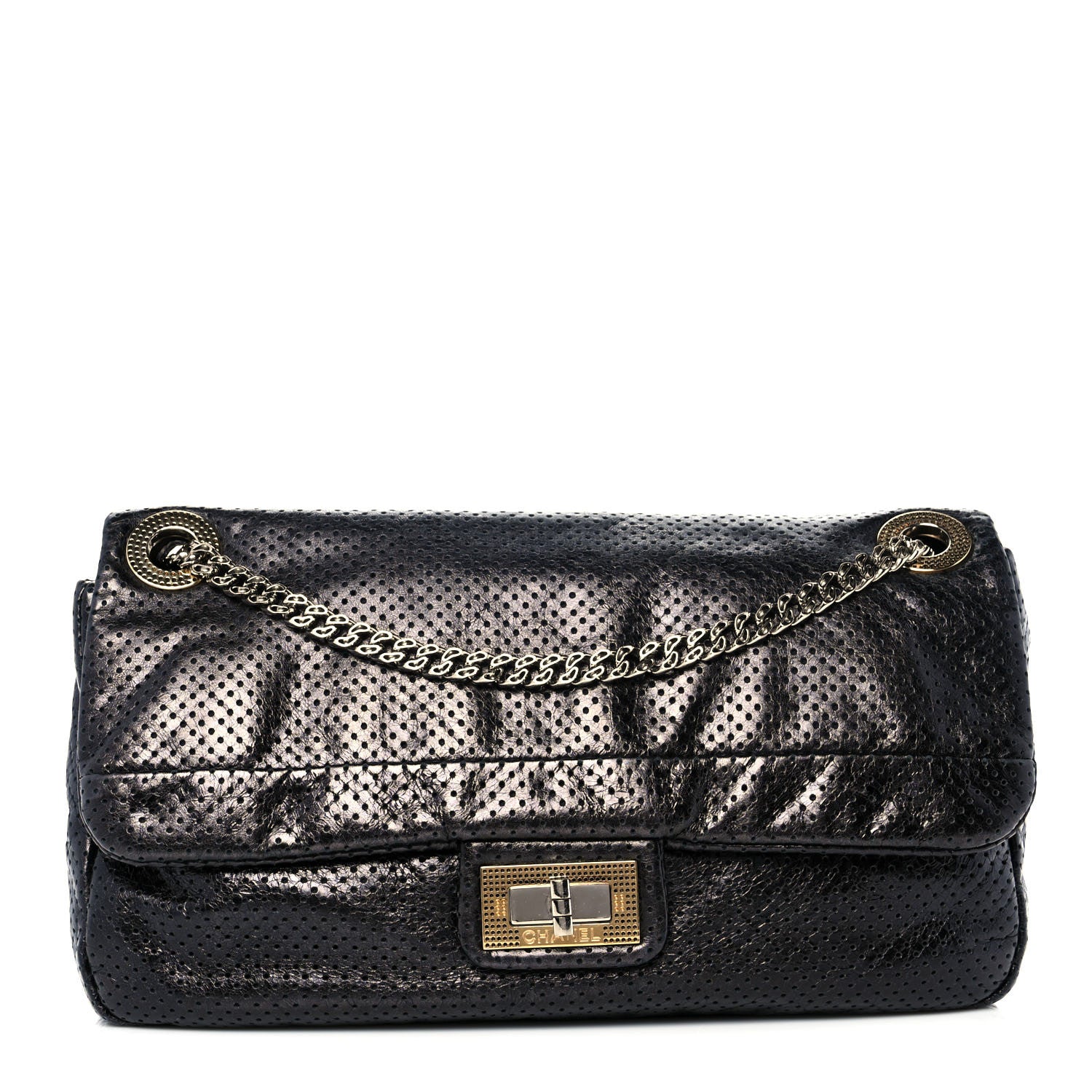 Chanel Metallic Crackled Calfskin Large Perforated Drill Flap Black 1 of 9