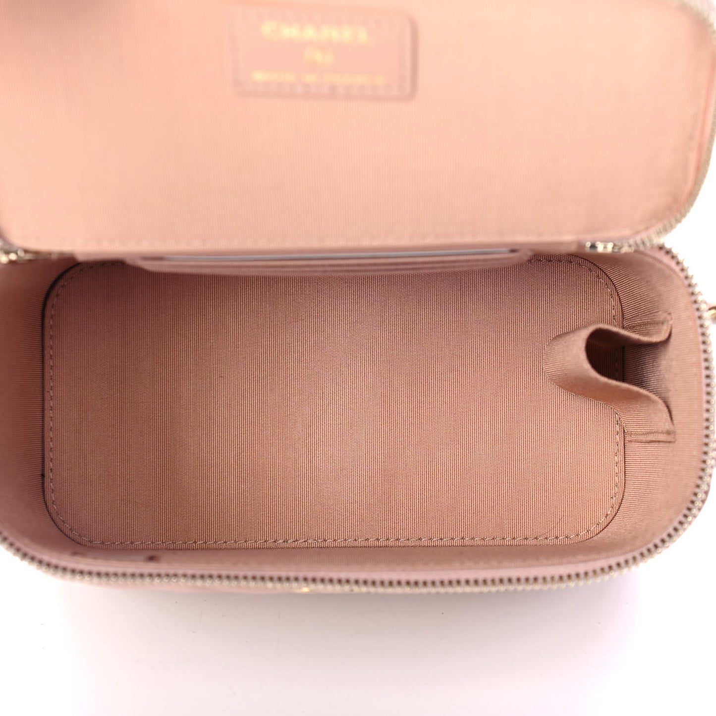 Lambskin Quilted Small Top Handle Vanity Case With Chain Beige
