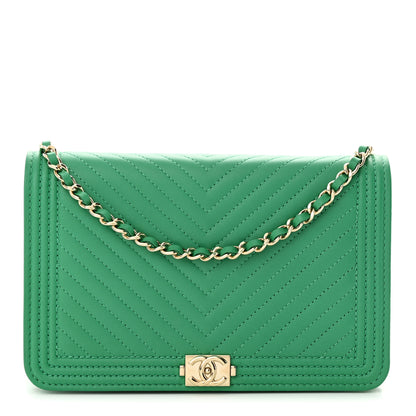 Chanel Lambskin Chevron Quilted Boy Wallet On Chain WOC Green 1 of 12