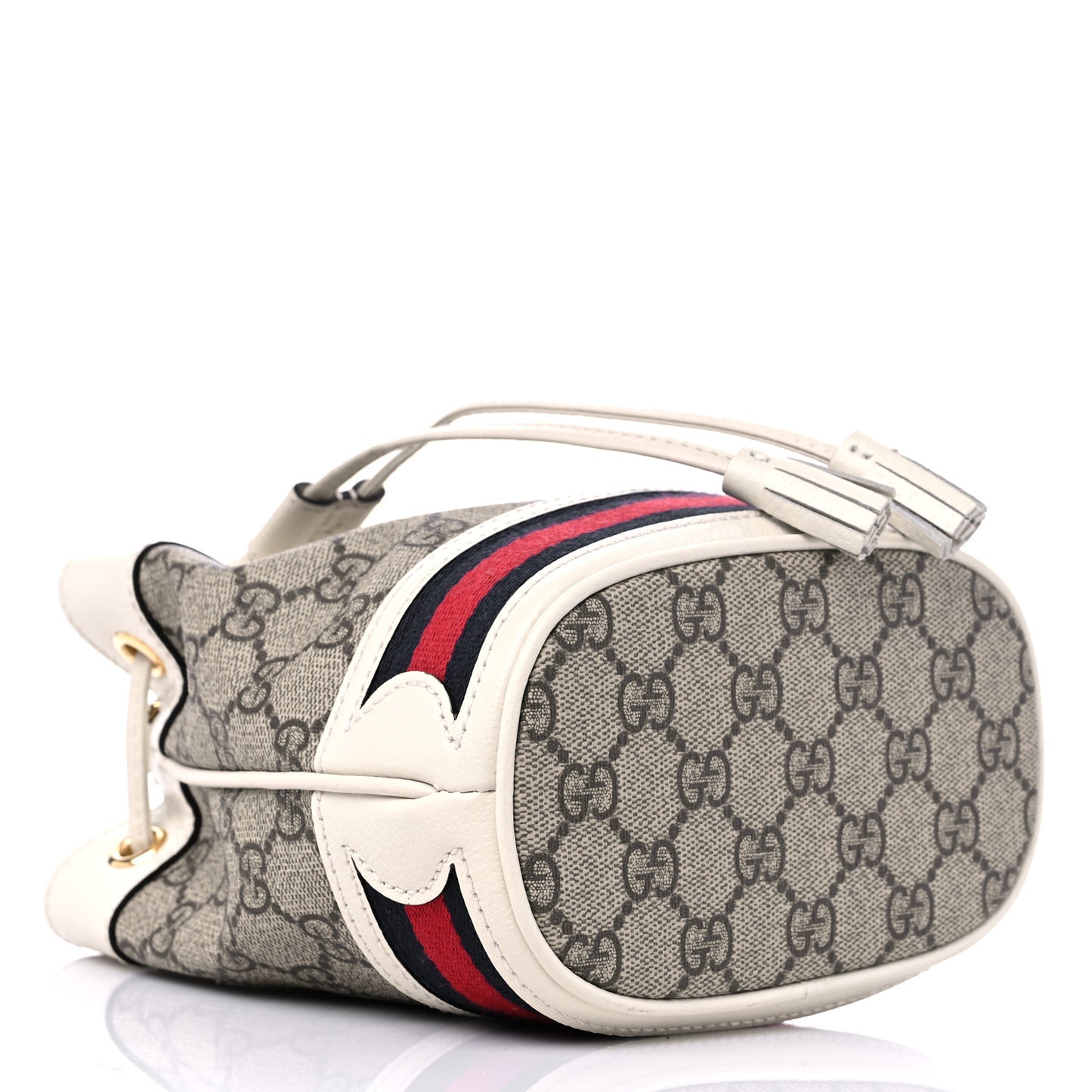 GG Supreme Monogram Textured Calfskin Web Mini Ophidia Bucket Bag Beige Ebony Mystic White