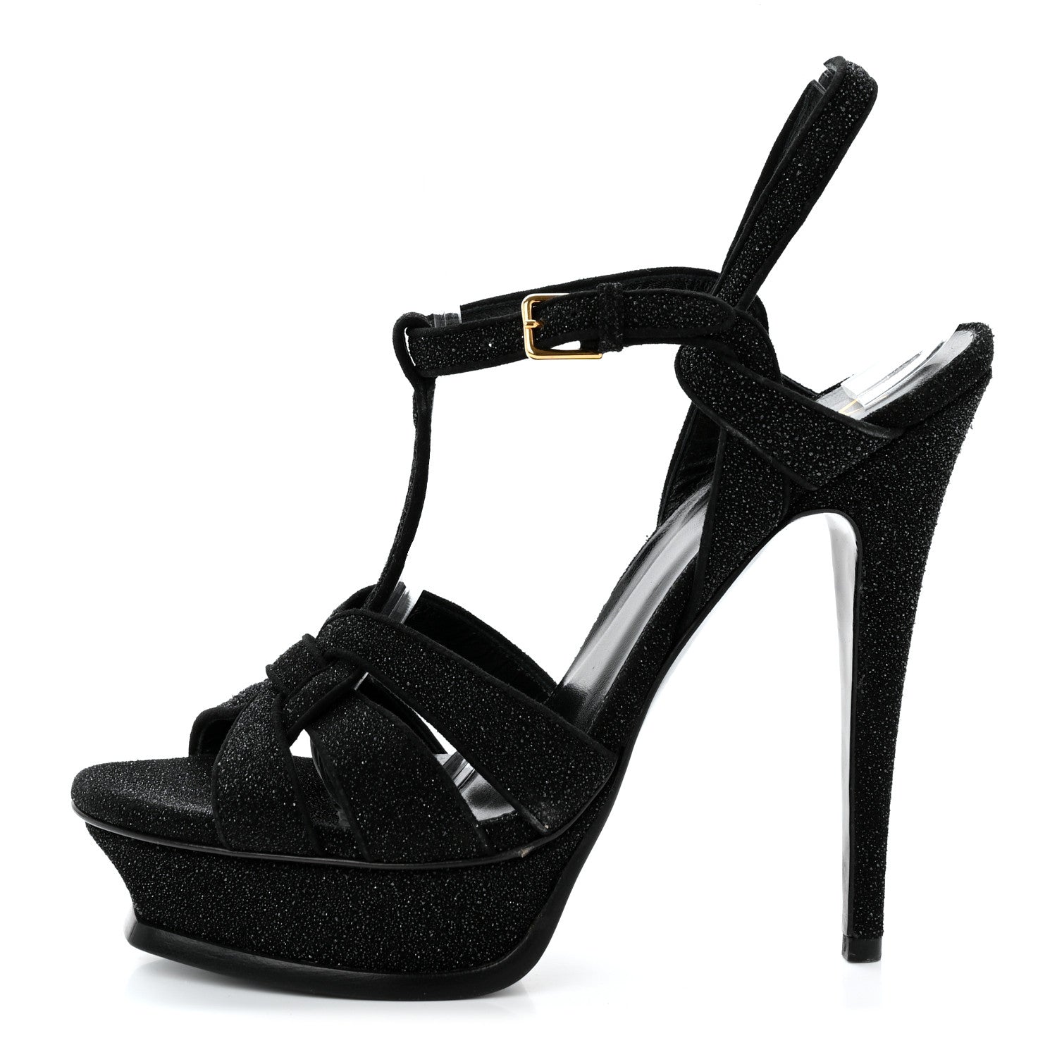 Saint Laurent Glitter Effect Calfskin Tribute 105 Platform Sandals 38.5 Black 1 of 8