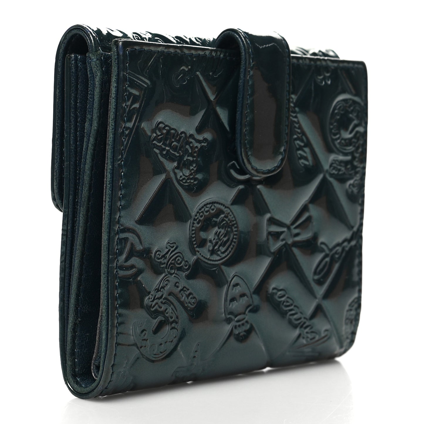 Patent Calfskin Lucky Symbols Compact French Flap Wallet Green