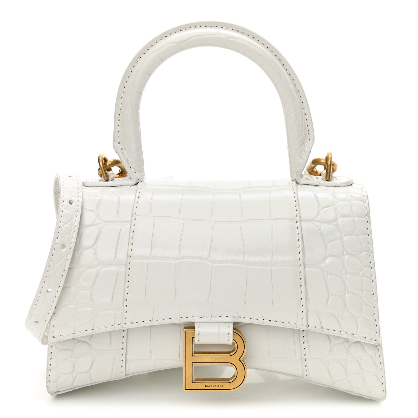Shiny Calfskin Crocodile Embossed Hourglass Top Handle Bag XS White