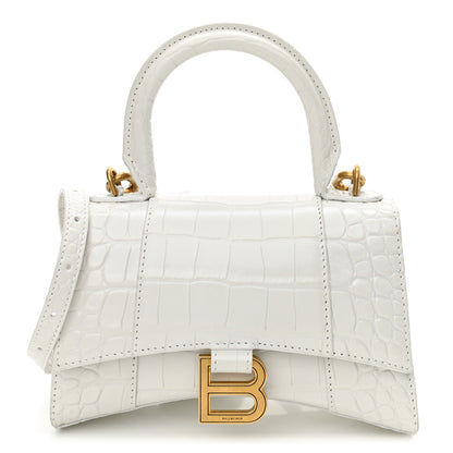 Balenciaga Shiny Calfskin Crocodile Embossed Hourglass Top Handle Bag XS White 1 of 10