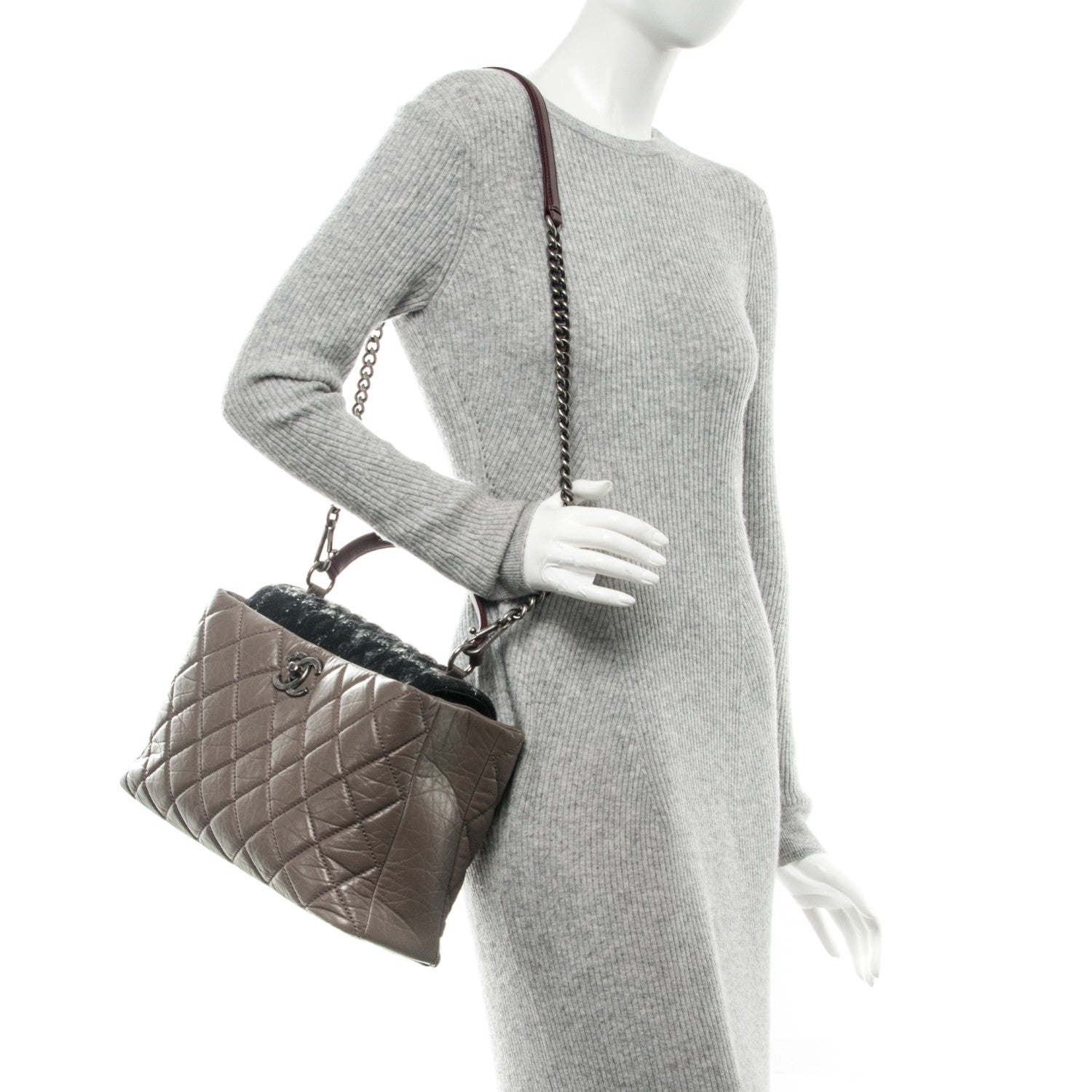 Chanel Aged Calfskin Tweed Large Quilted Portobello Tote Grey 2 of 7