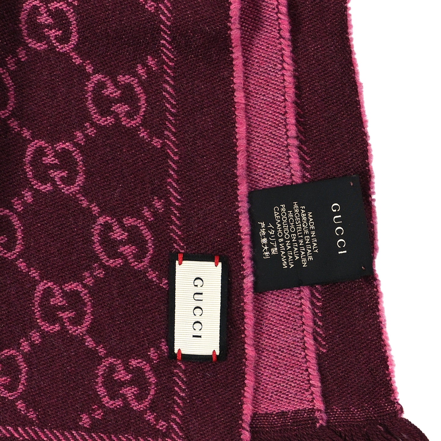 Wool Jacquard GG Monogram Sten Fringe Scarf Magenta Bordeaux