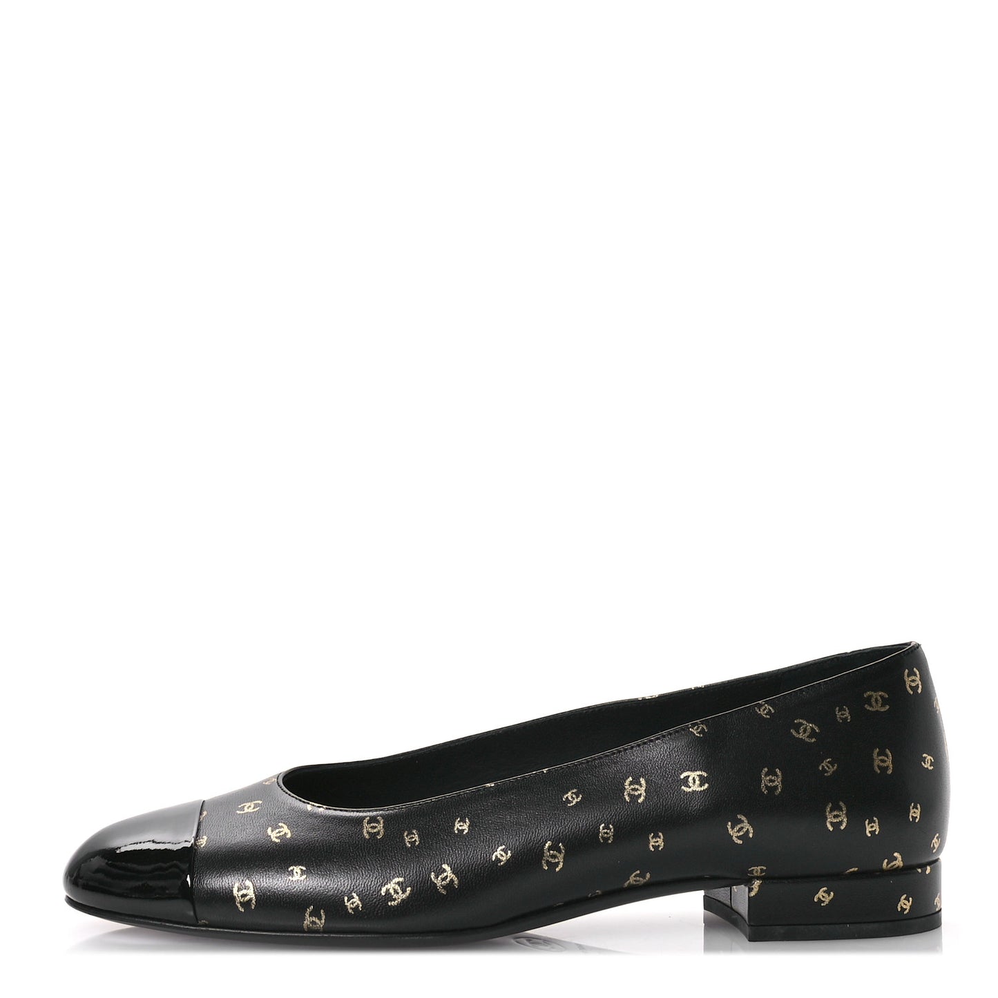 Lambskin Patent Calfskin Printed CC Cap Toe Ballerina Flats 37.5 Black Gold