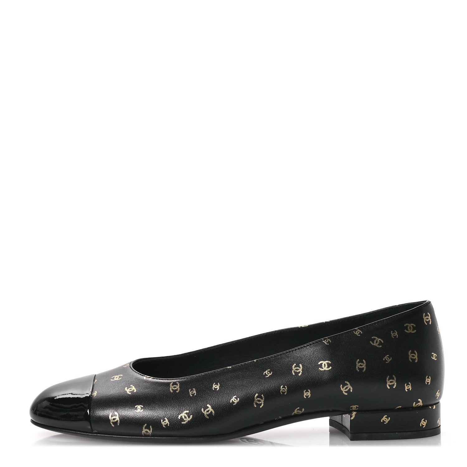 Chanel Lambskin Patent Calfskin Printed CC Cap Toe Ballerina Flats 37.5 Black Gold 1 of 9