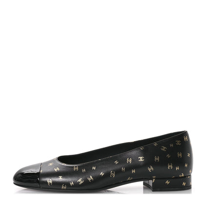 Chanel Lambskin Patent Calfskin Printed CC Cap Toe Ballerina Flats 37.5 Black Gold 1 of 9
