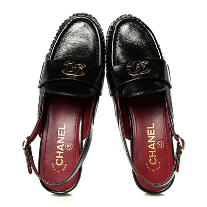 Chanel Crumpled Shiny Lambskin CC Slingback Mocassin 37.5 Black 2 of 10