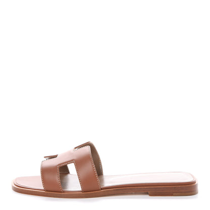 Hermes Box Calfskin Oran Sandals 37.5 Gold 1 of 7