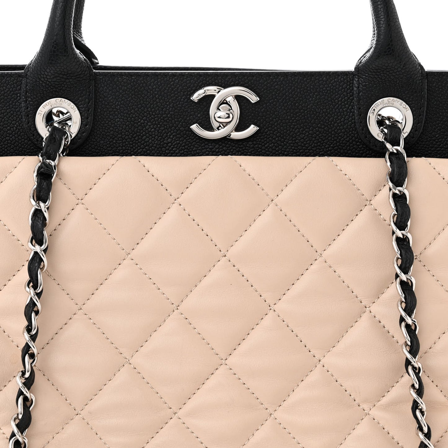 Calfskin Caviar Quilted Large Shopping Tote Beige Black
