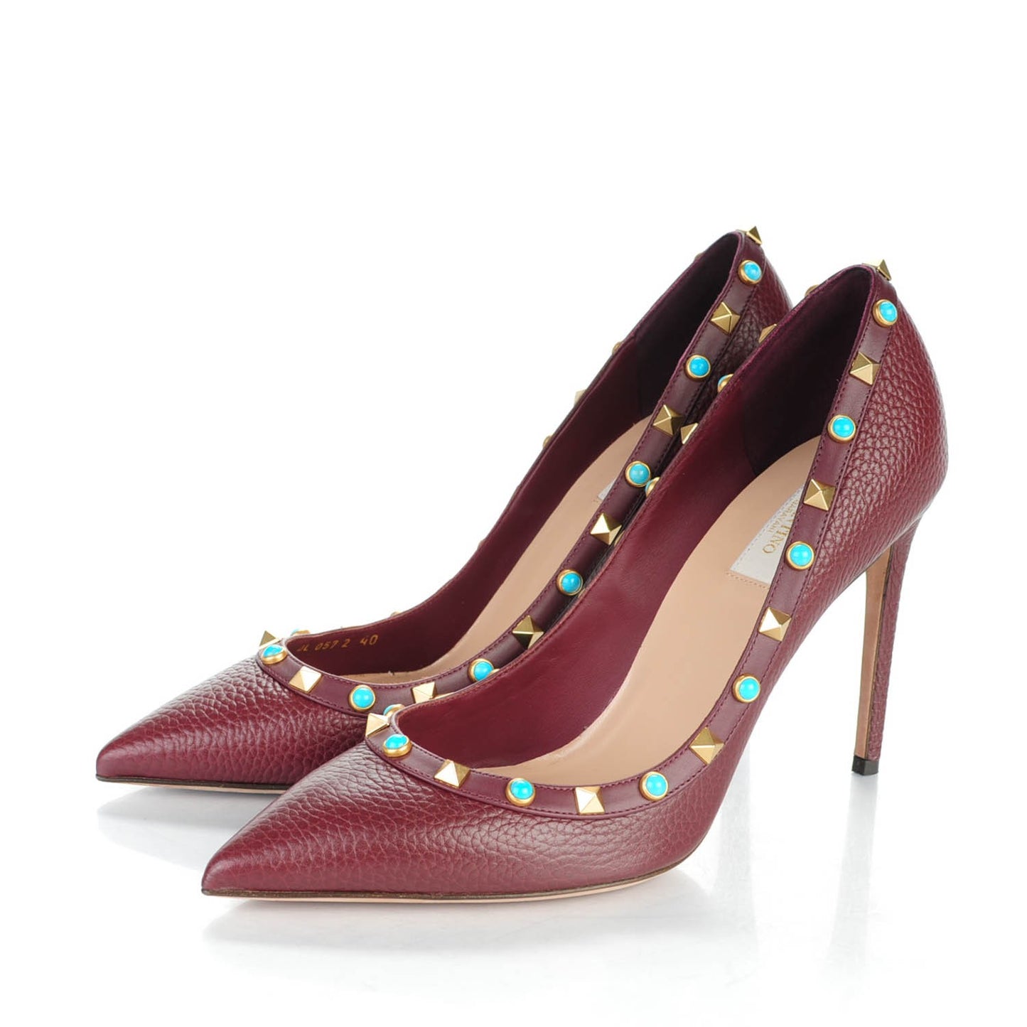 Pebbled Calfskin Rockstud Rolling 100mm Pumps 40 Rubin