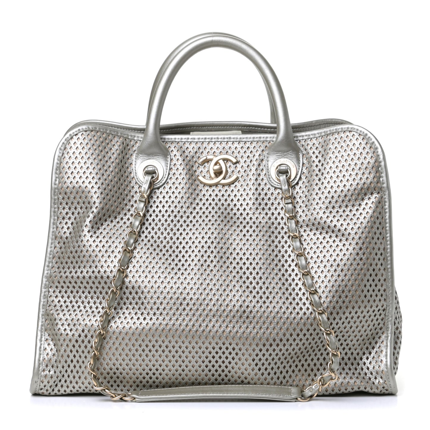 Metallic Calfskin Perforated Up In The Air Tote Silver