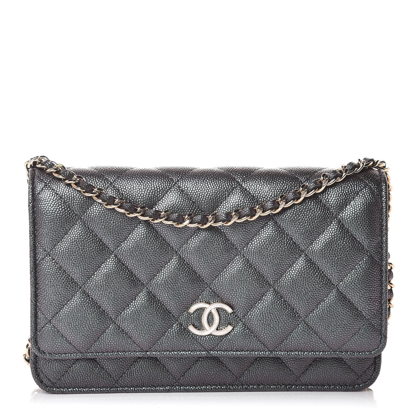 Iridescent Caviar Quilted Wallet On Chain WOC Black