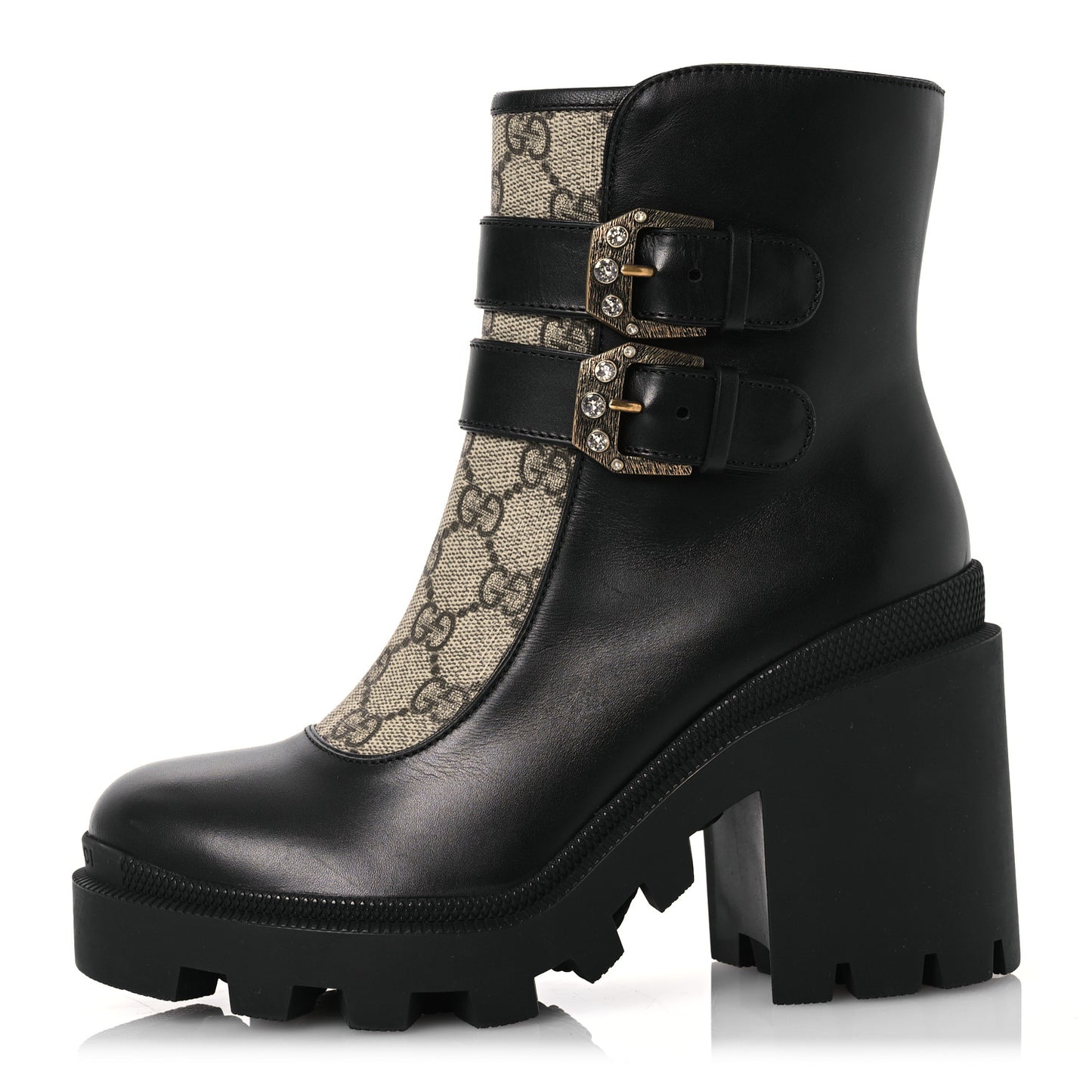 Kensington Calfskin Nappa GG Supreme Monogram Womens Double Buckle Ankle Boots 36.5 Black