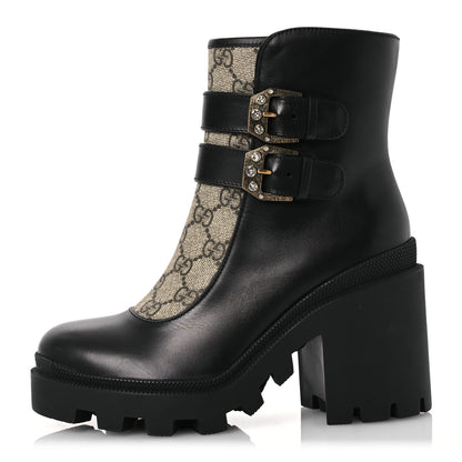 Gucci Kensington Calfskin Nappa GG Supreme Monogram Womens Double Buckle Ankle Boots 36.5 Black 1 of 12