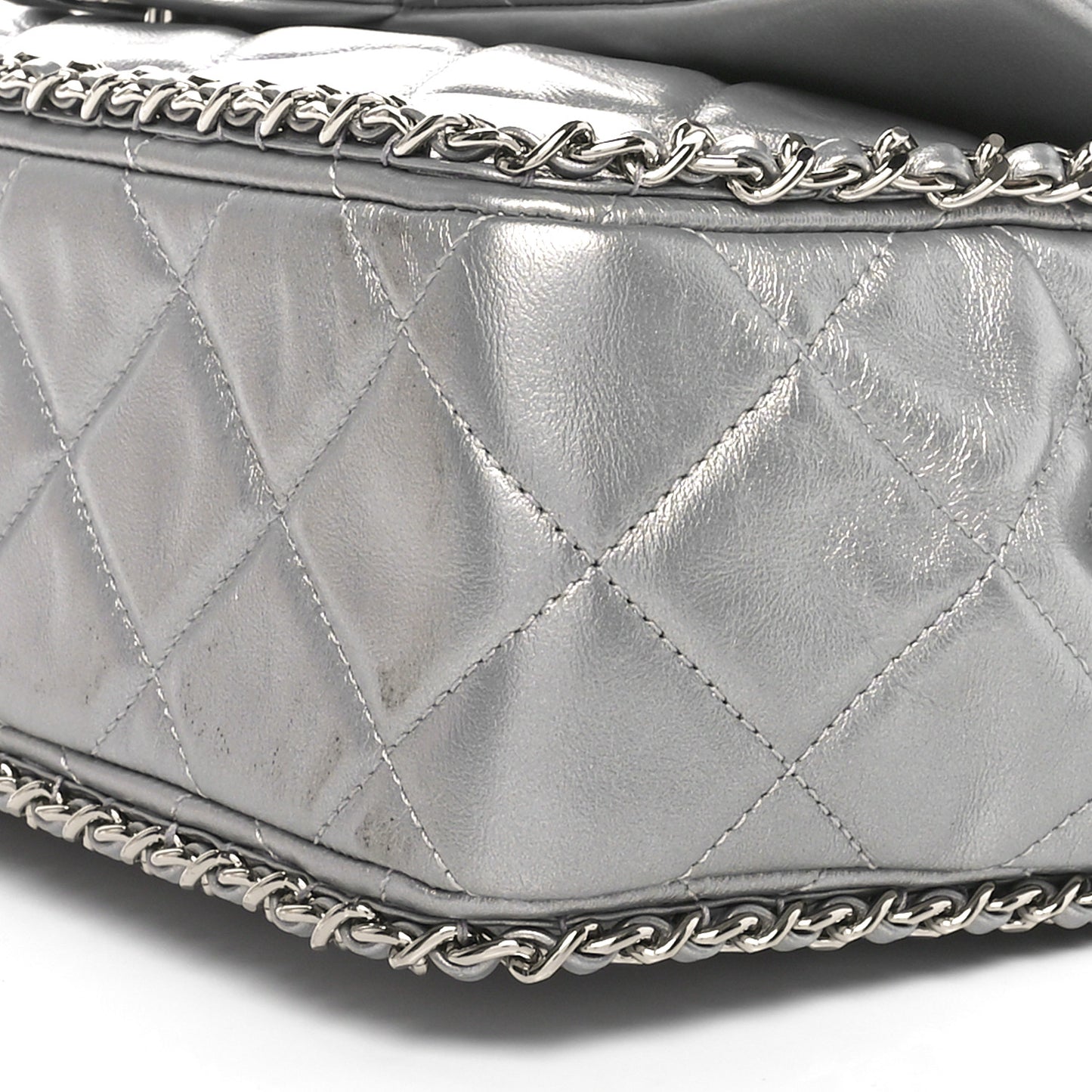 Metallic Lambskin Large Chain All Over Flap Silver