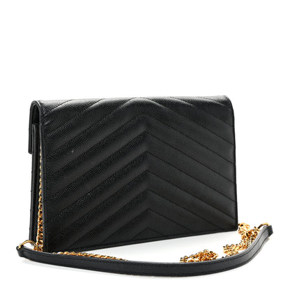 Saint Laurent Grain De Poudre Matelasse Chevron Monogram Envelope Chain Wallet Black 3 of 11