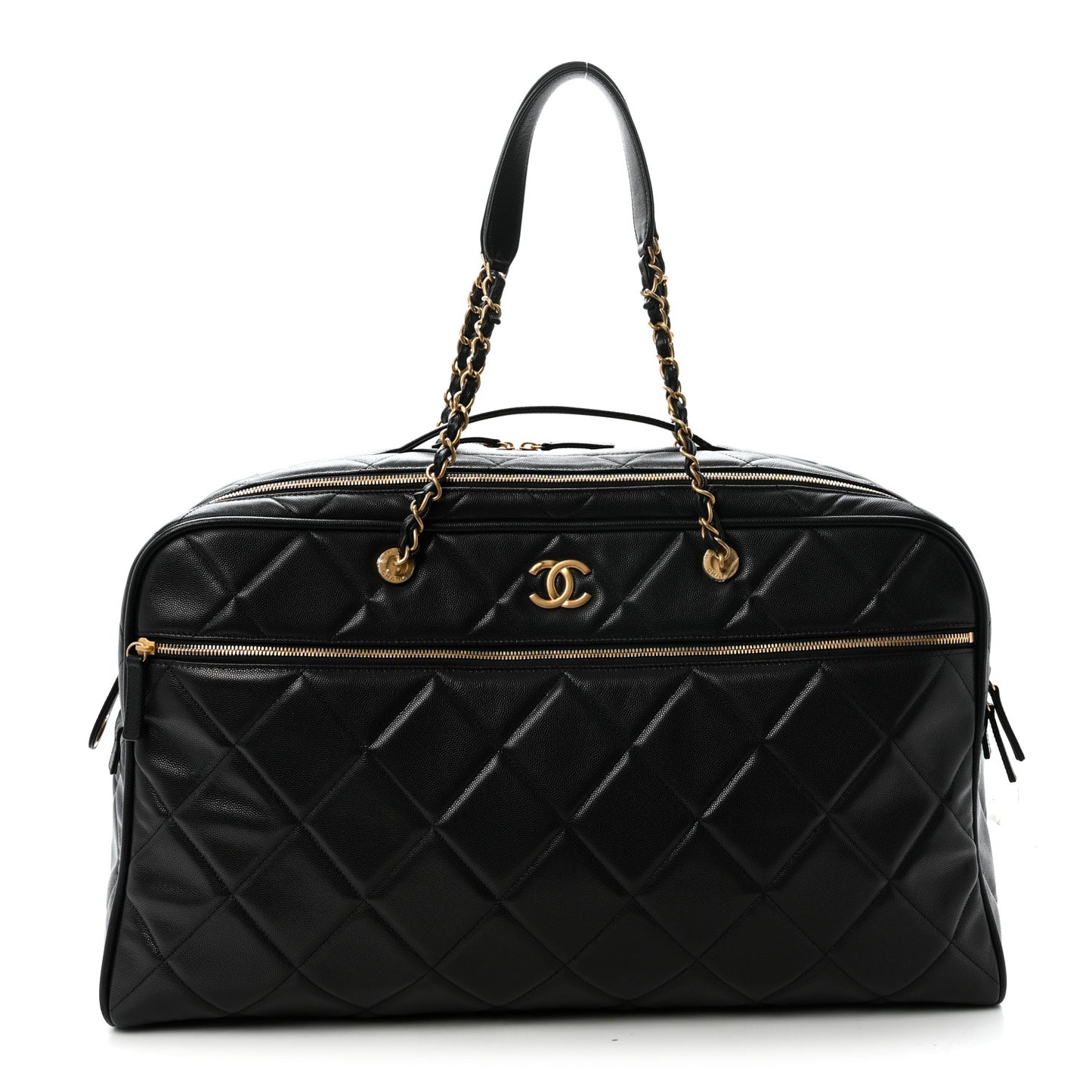 Shiny Grained Calfskin Quilted Large Travel Bowling Bag Black
