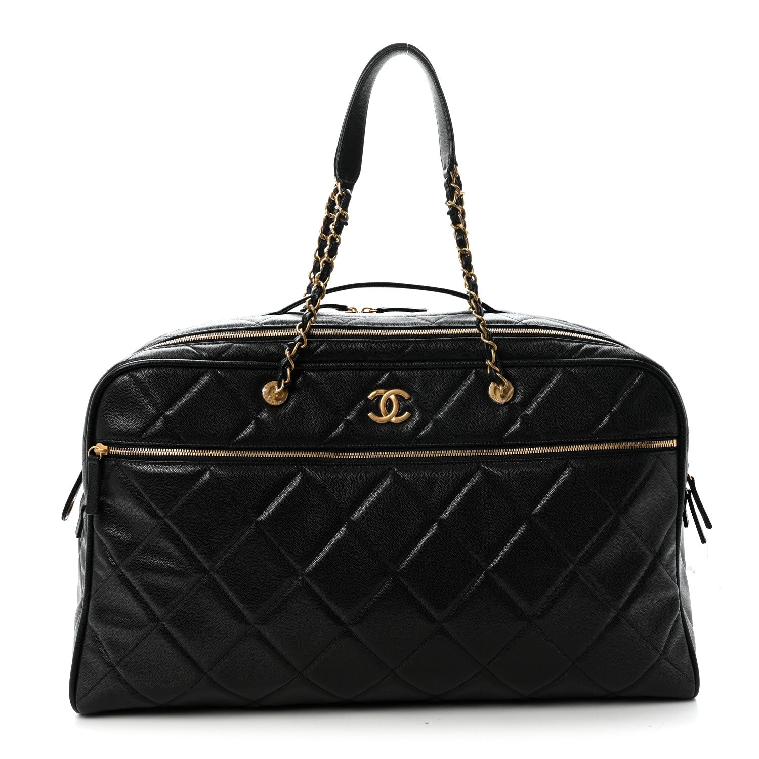 Chanel Shiny Grained Calfskin Quilted Large Travel Bowling Bag Black 1 of 10