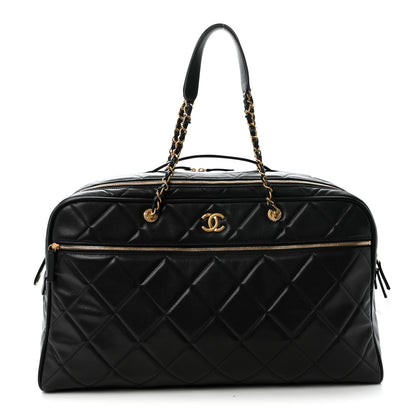 Chanel Shiny Grained Calfskin Quilted Large Travel Bowling Bag Black 1 of 10