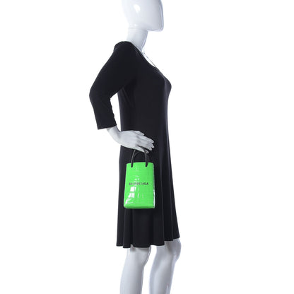 Balenciaga Shiny Calfskin Crocodile Embossed Logo Shopping Phone Holder Bag Fluo Green Black 3 of 14