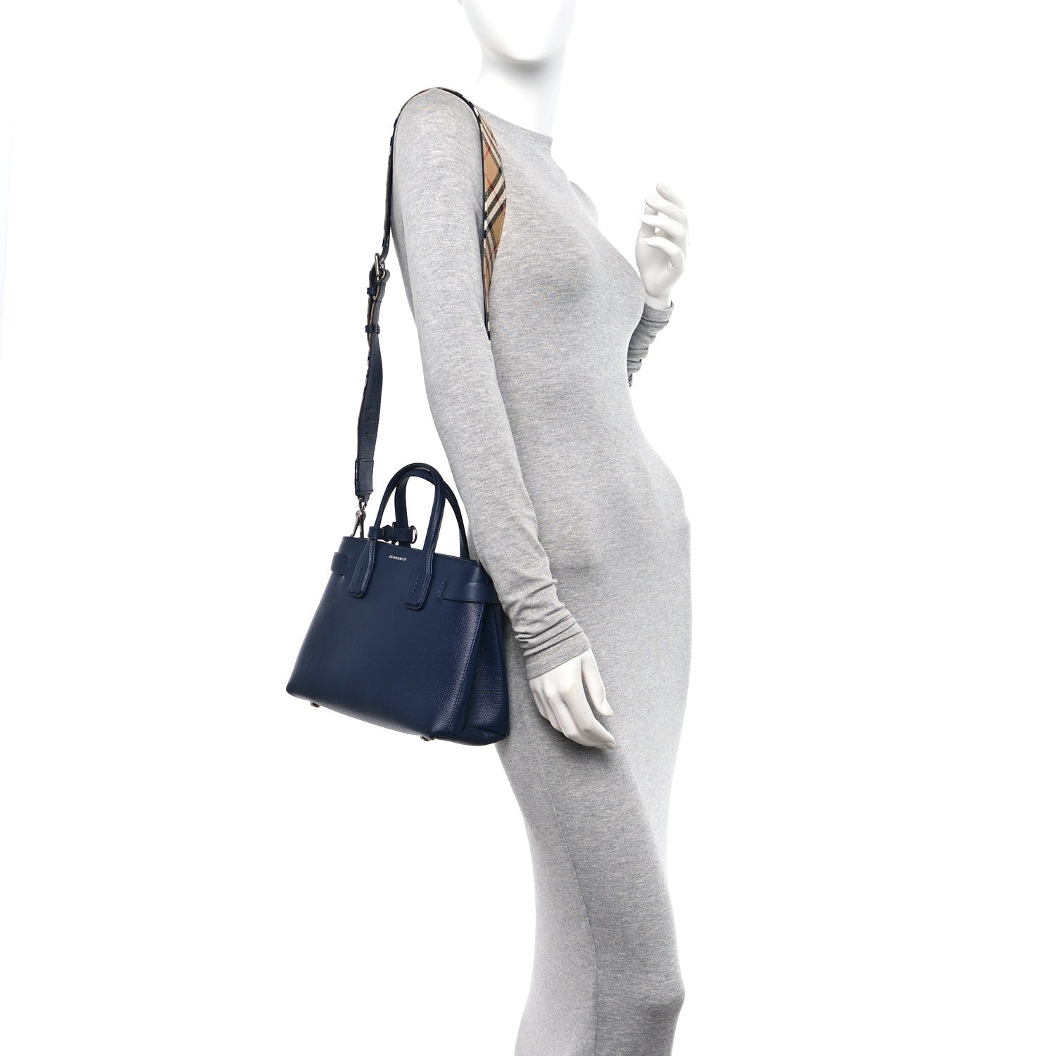 Burberry Grainy Calfskin House Check Small Banner Tote Regency Blue 2 of 9