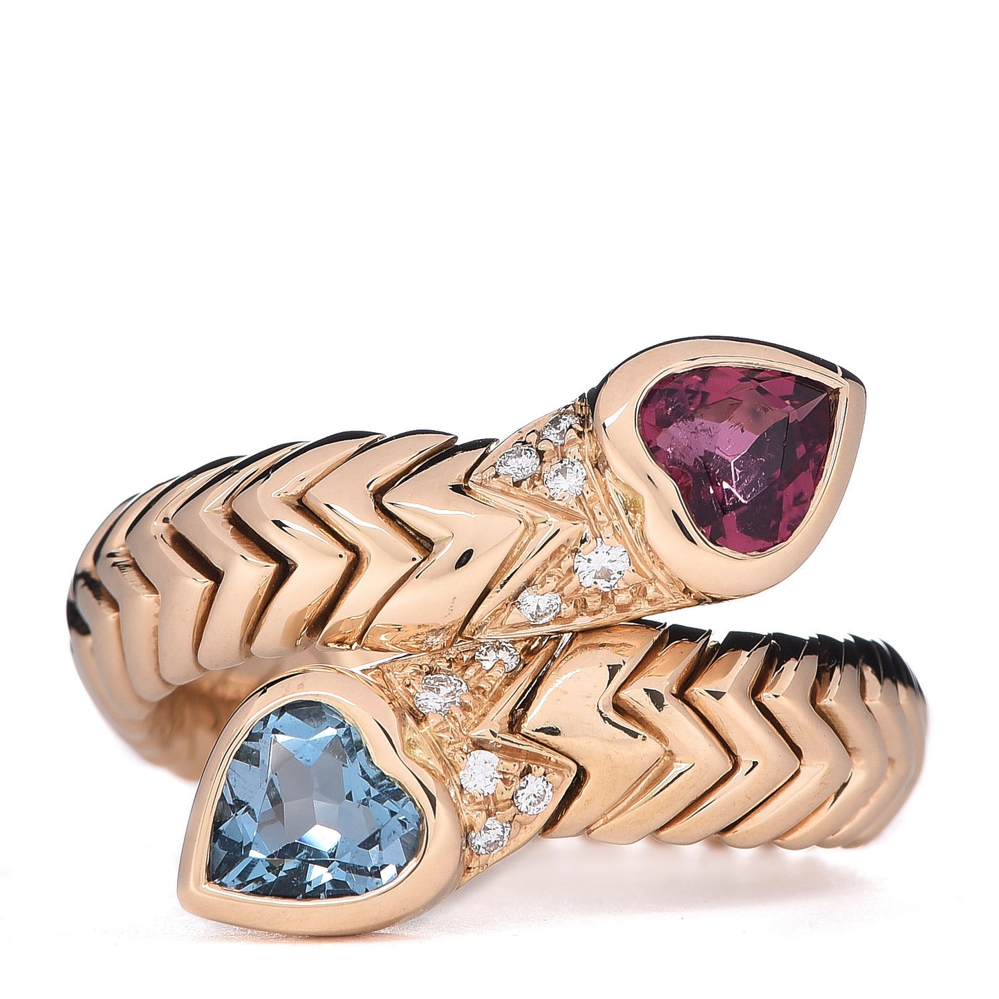 18K Yellow Gold Pink Tourmaline Blue Topaz Diamond Heart Bypass Ring 54 6.75