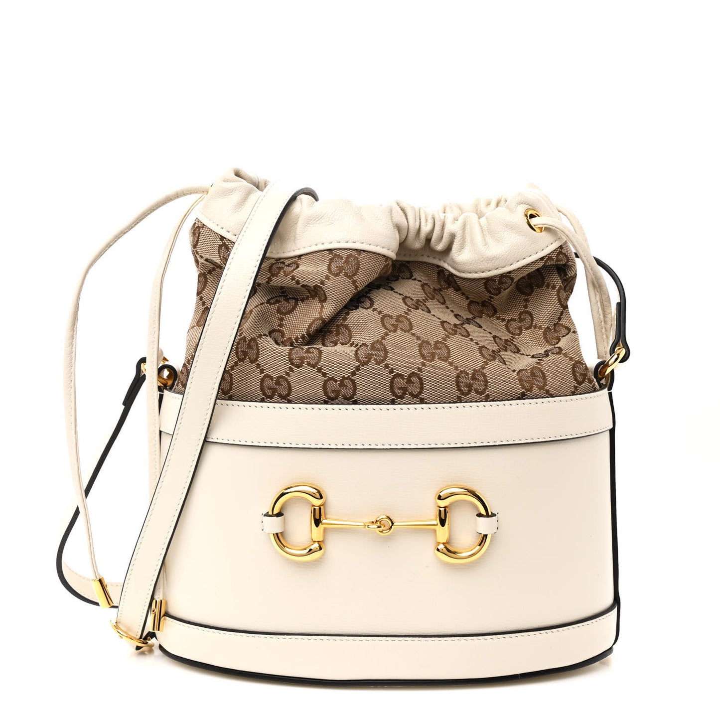 Monogram Textured Calfskin Horsebit 1955 Drawstring Bucket Bag Beige Mystic White