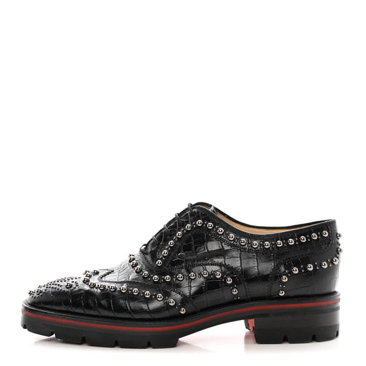 Croc Calfskin Embossed Womens Studded Crapadonna Oxfords 37 Black
