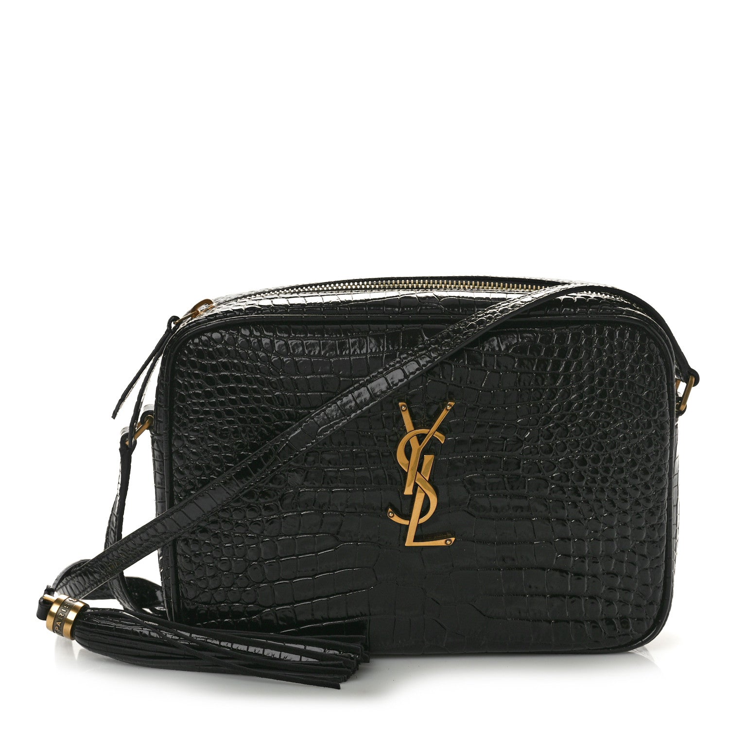 Saint Laurent Patent Calfskin Crocodile Embossed Monogram Lou Camera Bag Black 1 of 10