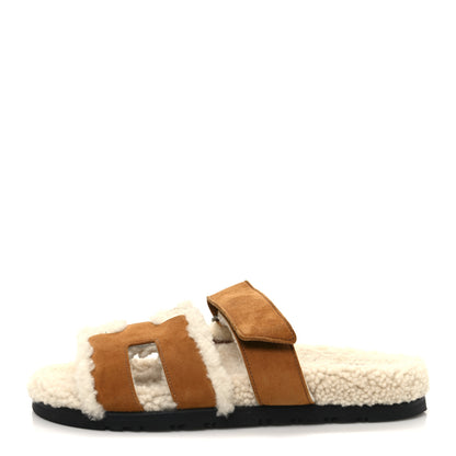 Hermes Suede Goatskin Woolskin Womens Chypre Sandals 37 Brun Fume Ecru 1 of 10