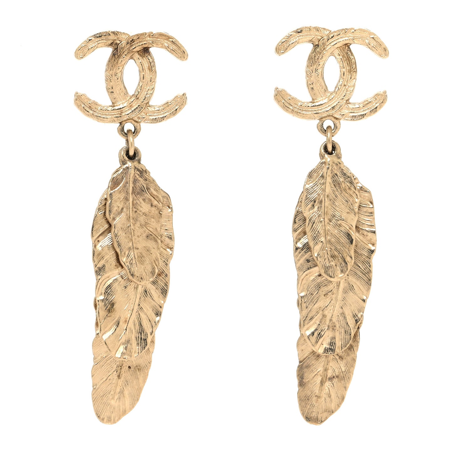 Feather CC Drop Earrings Gold