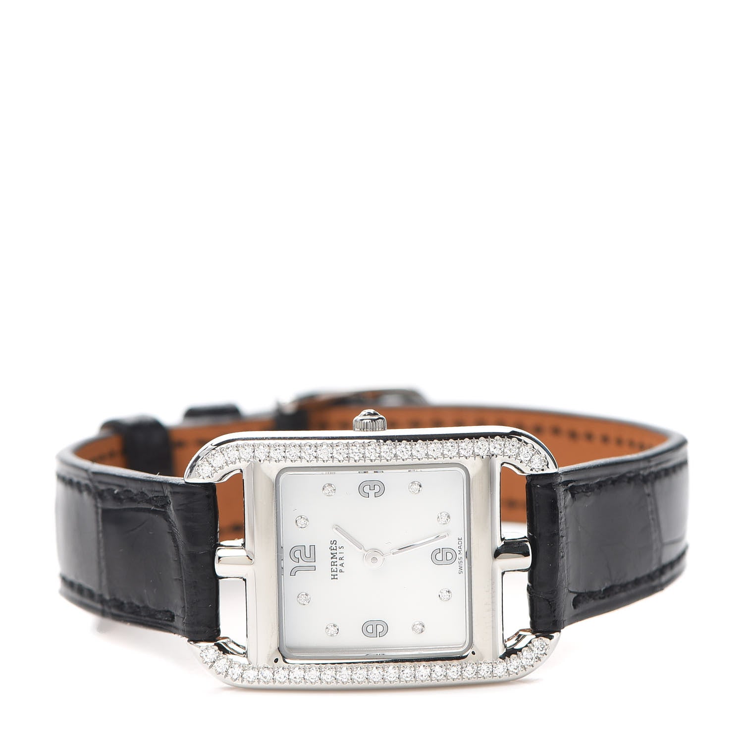Hermes Stainless Steel Alligator Diamond Bezel Mother of Pearl 23mm Cape Cod Quartz Watch Noir 2 of 5