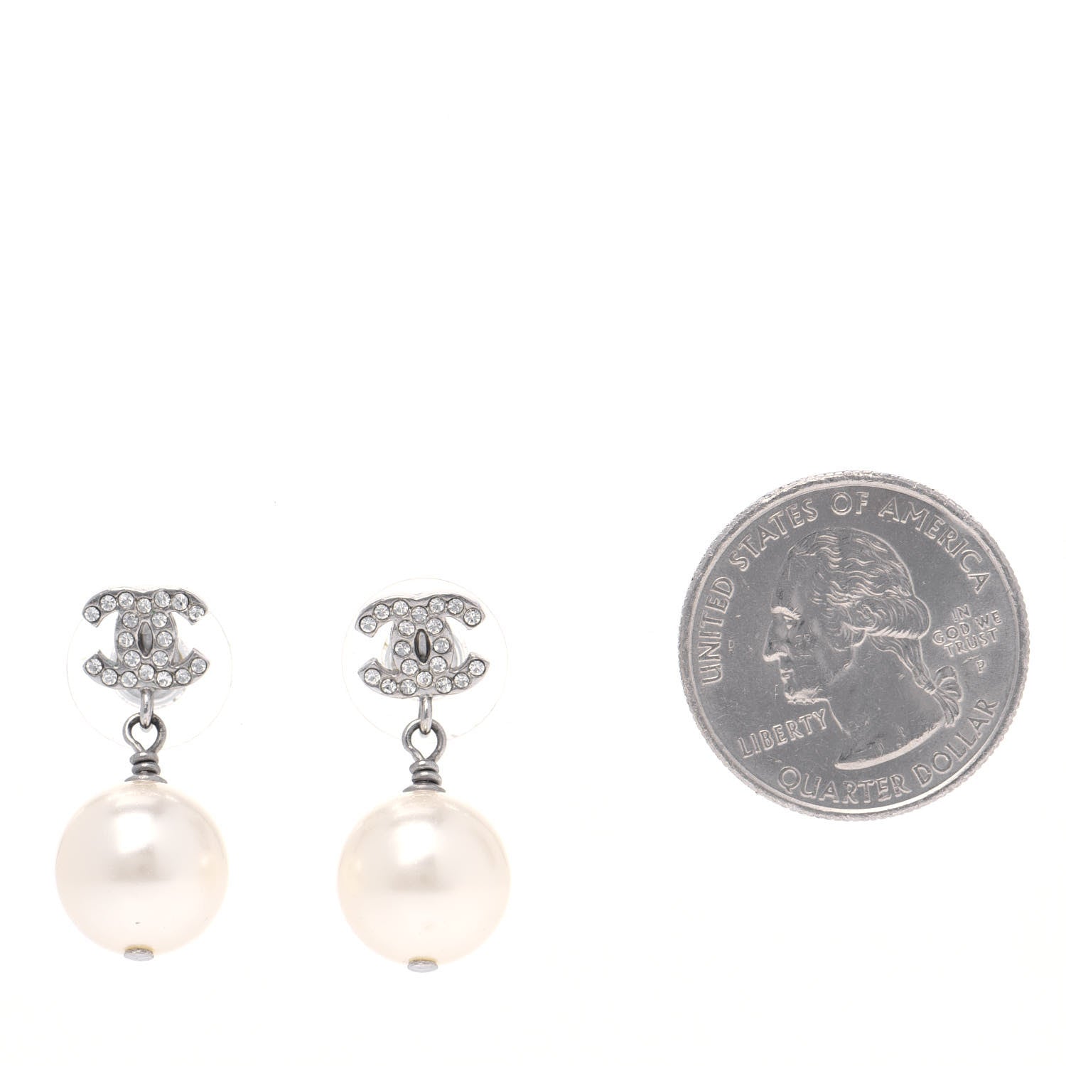 Chanel Crystal Pearl CC Drop Earrings Silver Pearly White 2 of 4